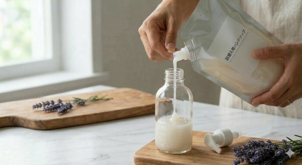 日用品のコストを削減するために、詰替え用ハンドソープを透明なボトルに補充する様子。