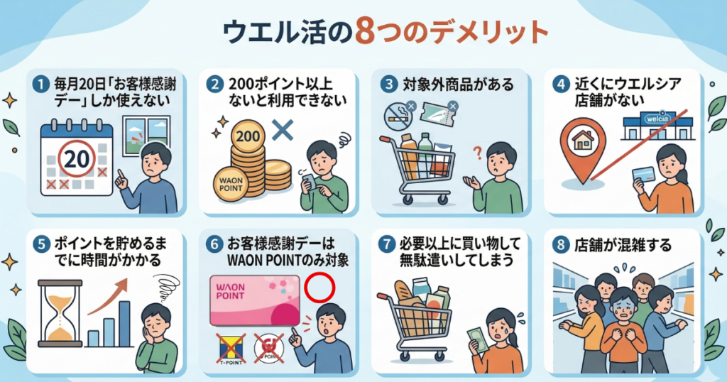 毎月20日の限定開催や対象外商品など、ウエル活における8つのデメリットの一覧。