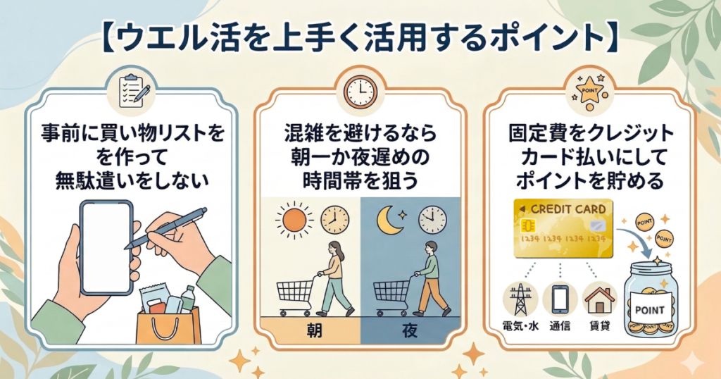 買い物リスト作成、空いている時間帯の利用、固定費でのポイント蓄積という3つの対策。