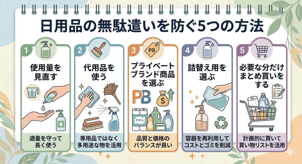 使用量の見直しや代用品、PB商品、詰替え用、まとめ買いなど日用品の無駄遣いを防ぐ5つの方法。