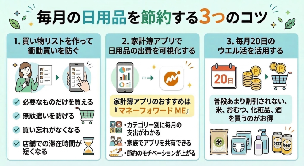 買い物リスト、家計簿アプリ「マネーフォワード ME」、20日のウエル活を活用した節約のコツ。