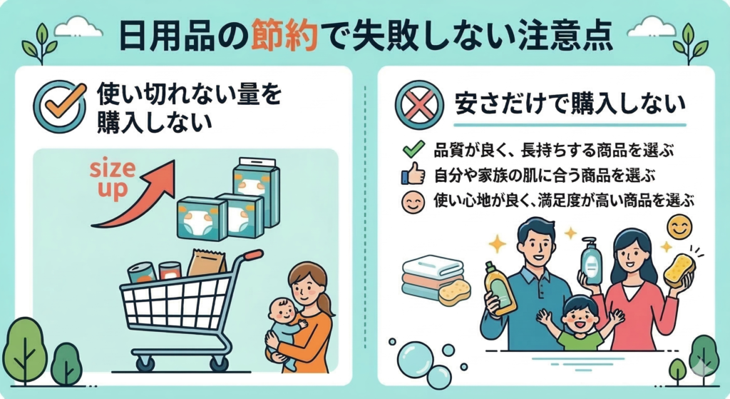日用品節約の注意点として、使い切れない量を購入しない、安さだけで選ばないポイントを解説。